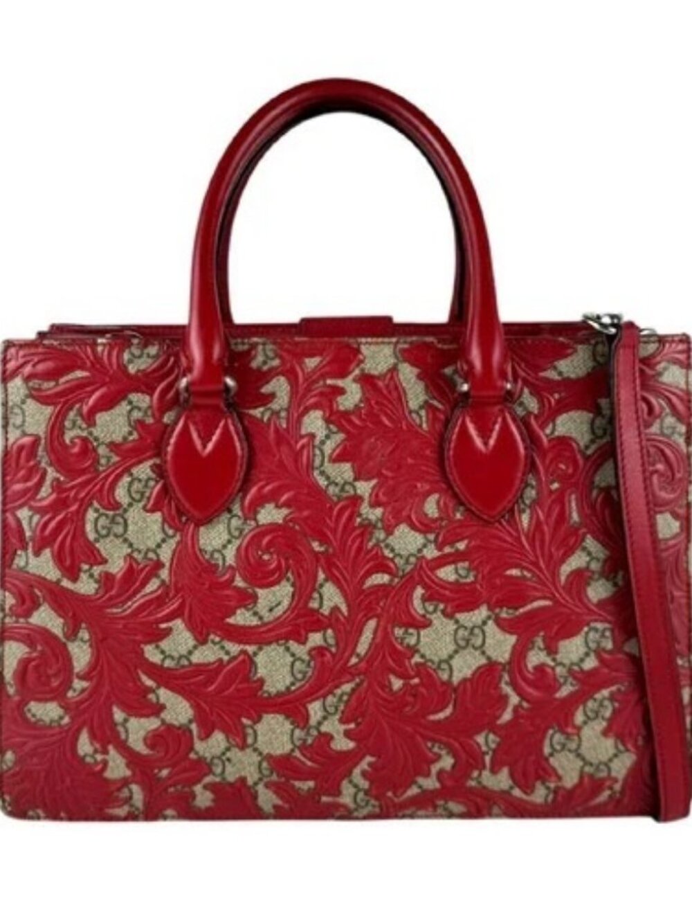 Auth GUCCI Arabesque GG Supreme Handbag Shoulder Bag Red/Brown PVC - z11050